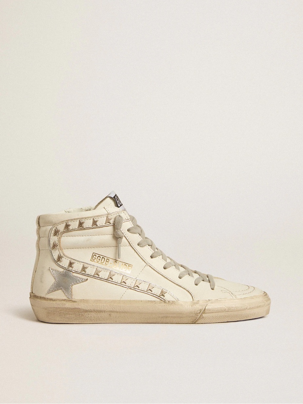 Golden Goose Slide with silver metallic star and leather flash with stars